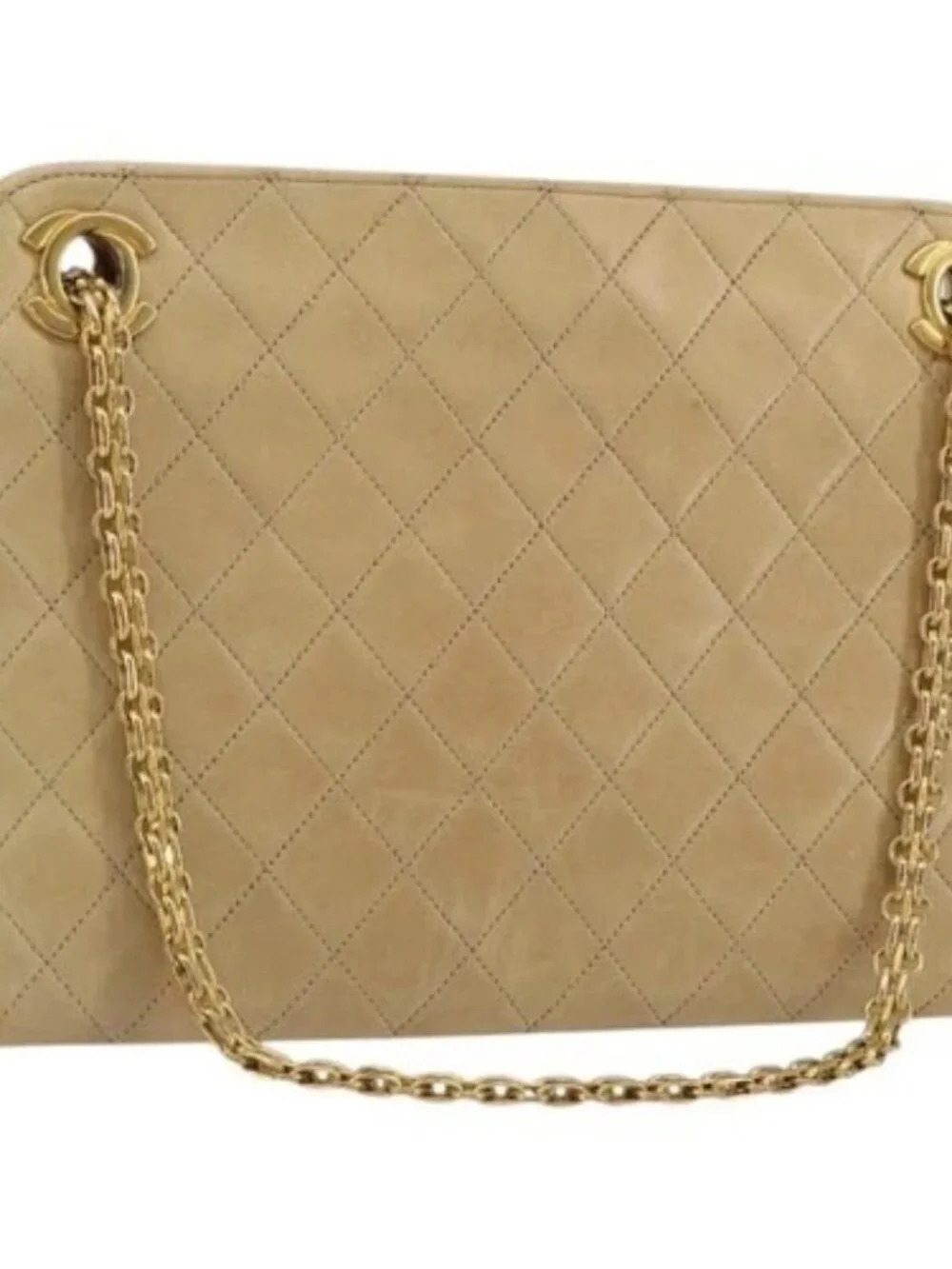 CHANEL Matelasse Chain Shoulder Bag Lamb Skin Beige Gold CC Auth 176218